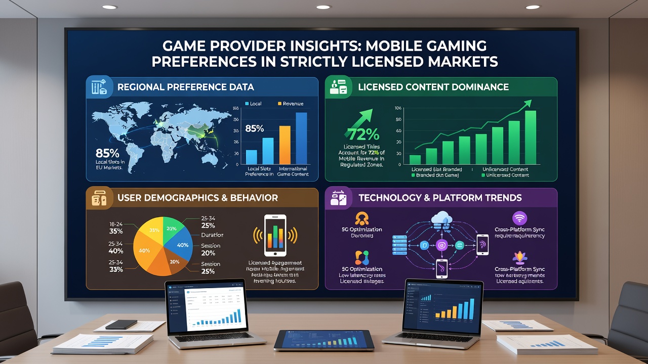 Analytics dashboard displaying mobile gaming metrics from licensed operators in Europe and North America